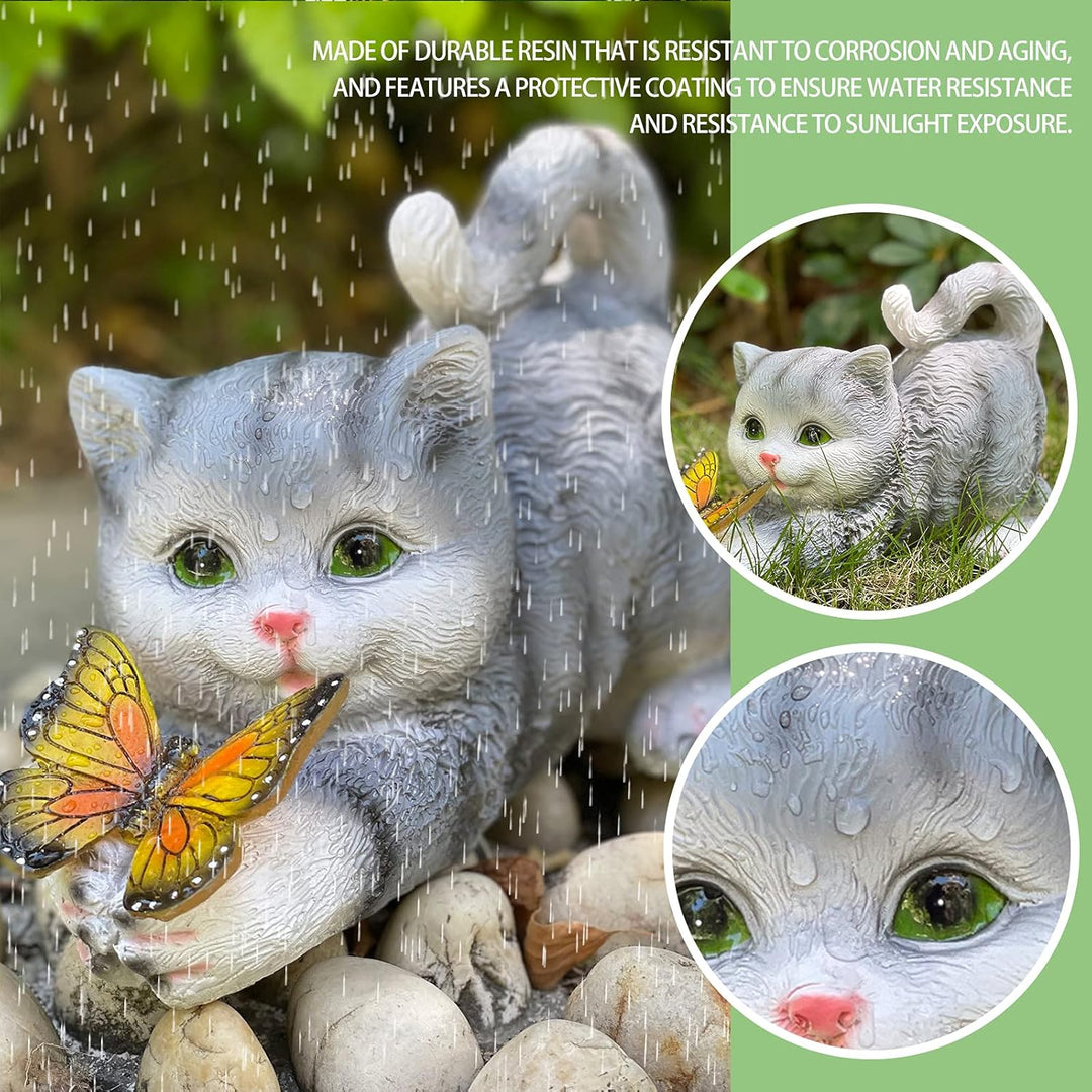 Katzenfigur Garten Deko Katze Gartendeko Schmetterlinge Solarlampen für Aussen Balkon Gartendekorati
