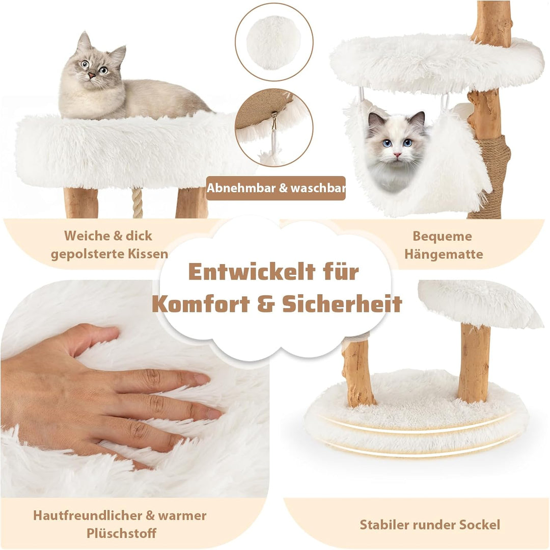SOARS Kratzbaum Holz, Katzenbaum mit 2 natürlichen Birnbaumstämmen, Hängematte & Plüschflächen, Katz