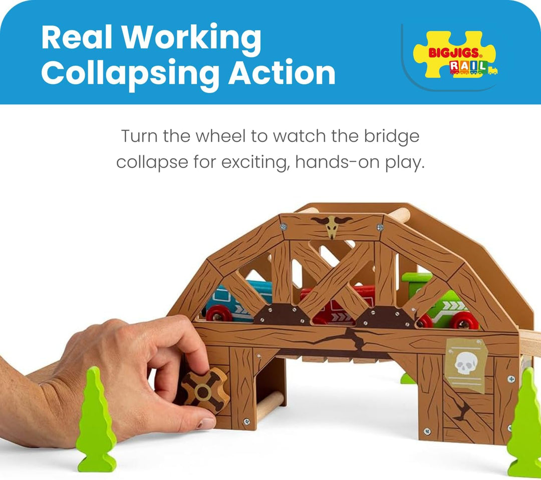 Bigjigs Rail Rickety Bridge - Collapsing Wooden Wild West Bridge, Includes 2 Track Pieces, Kids Trai