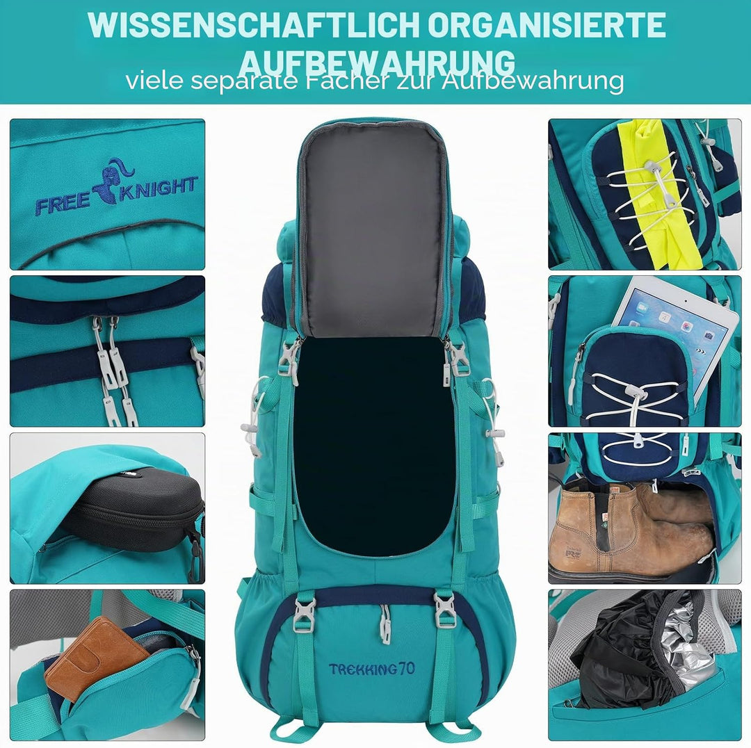 Bseash 70L (65+5) Wasserdichter Wanderrucksack mit Regenschutz, Outdoor-Sport, Reisen, Tagesrucksack