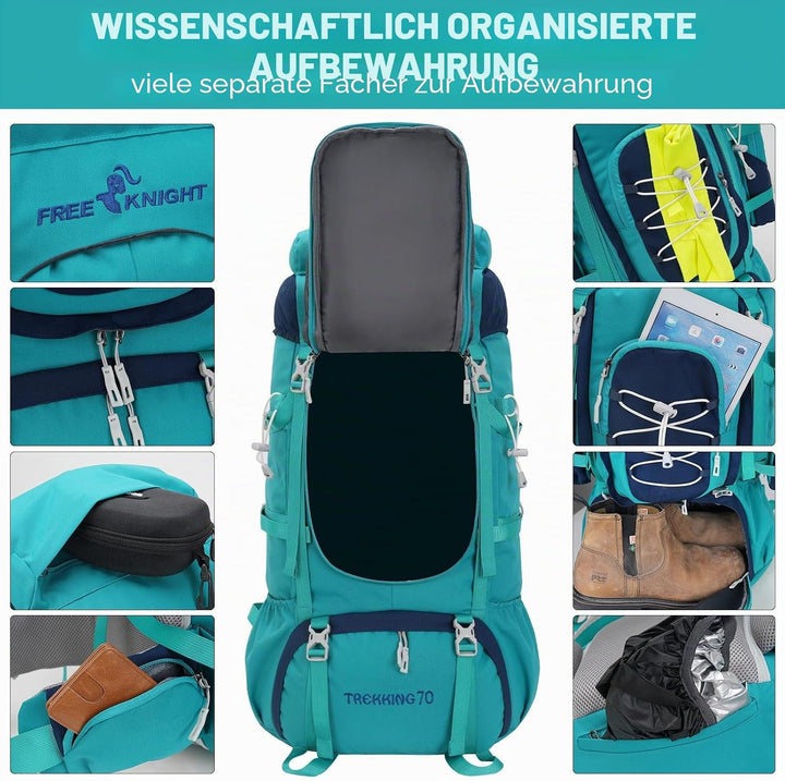 Bseash 70L (65+5) Wasserdichter Wanderrucksack mit Regenschutz, Outdoor-Sport, Reisen, Tagesrucksack