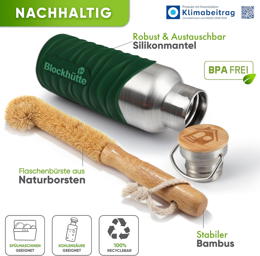 Blockhütte Edelstahl Trinkflasche 750ml I Wasserflasche Kohlensäure geeignet I Auslaufsicher, BPA-Fr