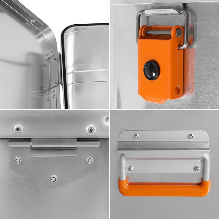 Alubox Werkzeugtruhe EASY 81 Liter Werkzeugkiste silber Alu glänzend - orange Schnallen - Aussenmass