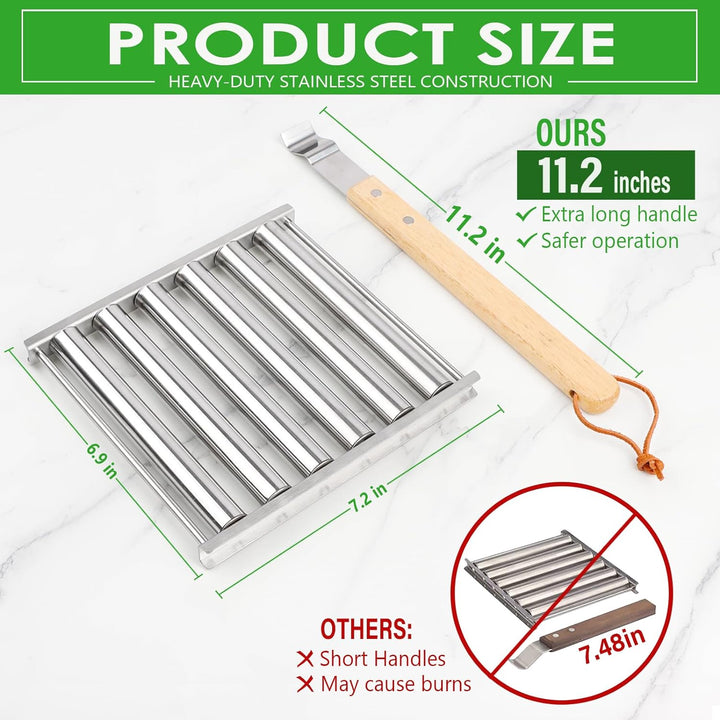 KAYCROWN Hot Dog Roller Edelstahl Wurstroller Rack mit extra langem Holzgriff, BBQ Hot Dog Griller f