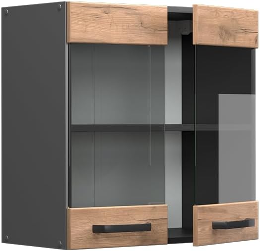 Vicco Küchenschrank Glas R-Line, Goldkraft Eiche/Anthrazit, 60 cm Goldkraft Eiche Hängeglasschrank 6