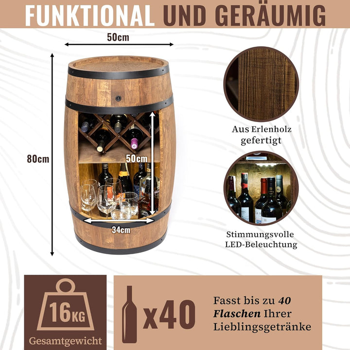 CREATIVE COOPER Fassbar mit Weinhalter und LED - Weinregal - Holzfass Hausbar 80cm - Rustikaler deko
