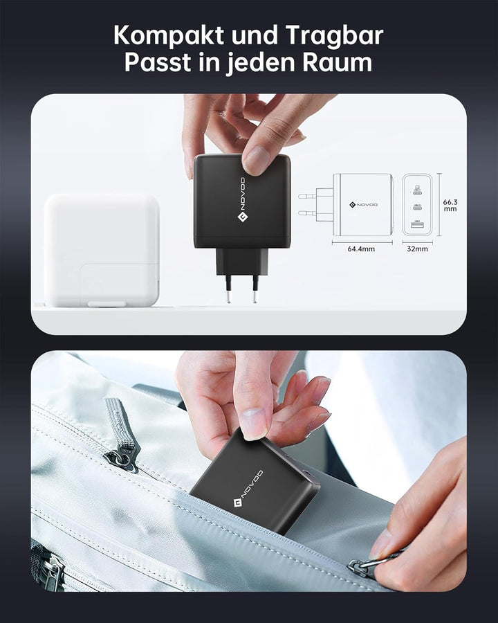 NOVOO 120W USB C Ladegerät GaN Ⅲ USB C Netzteil 3-Port mit Schnellladeleistung Kompaktes Reisen komp