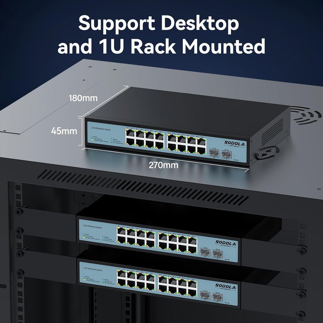 SODOLA 16 Port 2,5Gb Switch Umanaged, 16X 2,5GBASE-T-Ports, 2X 10G-SFP,120Gbps Switching Capacity,1U