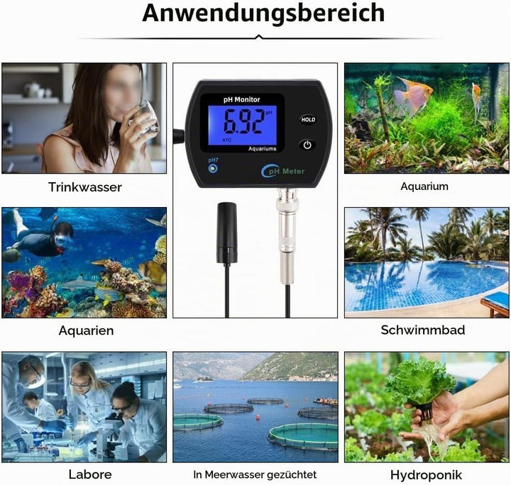 Aquarium pH Wert Messgerät, PH-990 Tragbares pH-Meter, pH Messgerät Wandmontage Wasseranalysator, Wa