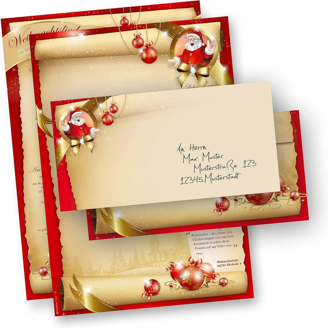 Weihnachtsbriefpapier Set SANTA CLAUS beidseitig (100 Sets ohne Fenster) Briefpapier mit Weihnachtsl