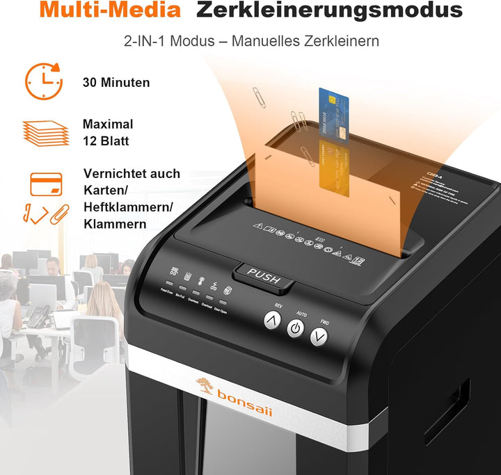 Bonsaii Aktenvernichter mit automatischem 200-Blatt-Einzug, 60 Min Dauerbetrieb, DIN P-4 Mikroschnit