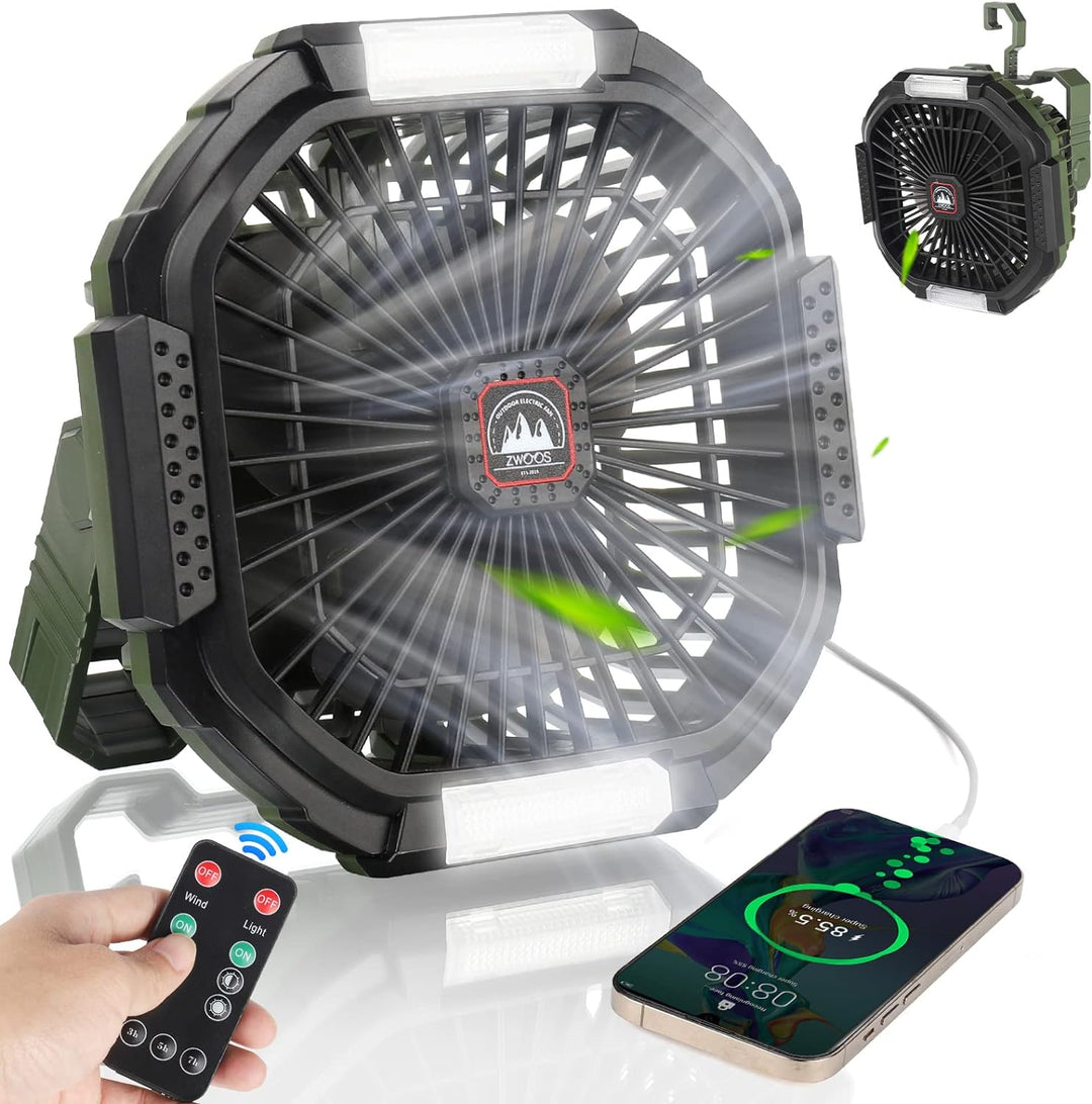 ZWOOS USB Camping Ventilator, 10400mAh Wiederaufladbar Tisch Wand/Leise Ventilator mit 4 Geschwindig