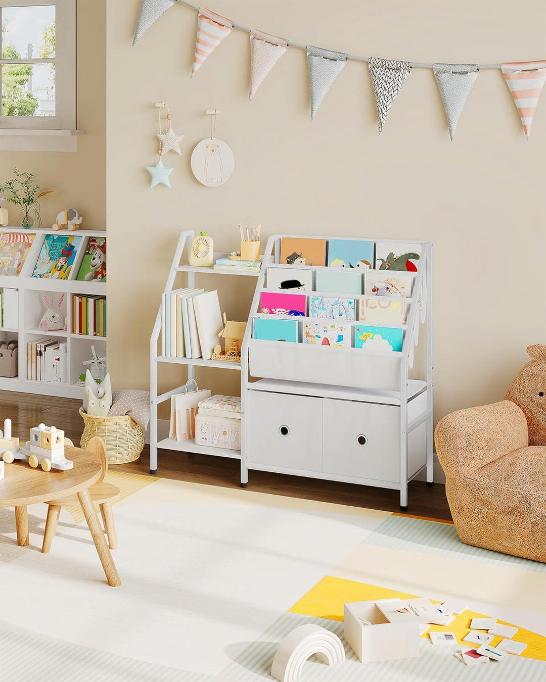 Bücherregal Kinder, Kinderregal, Kinderspielzeug Regal, Spielzeug Aufbewahrung mit 4 Hängetaschen, 3