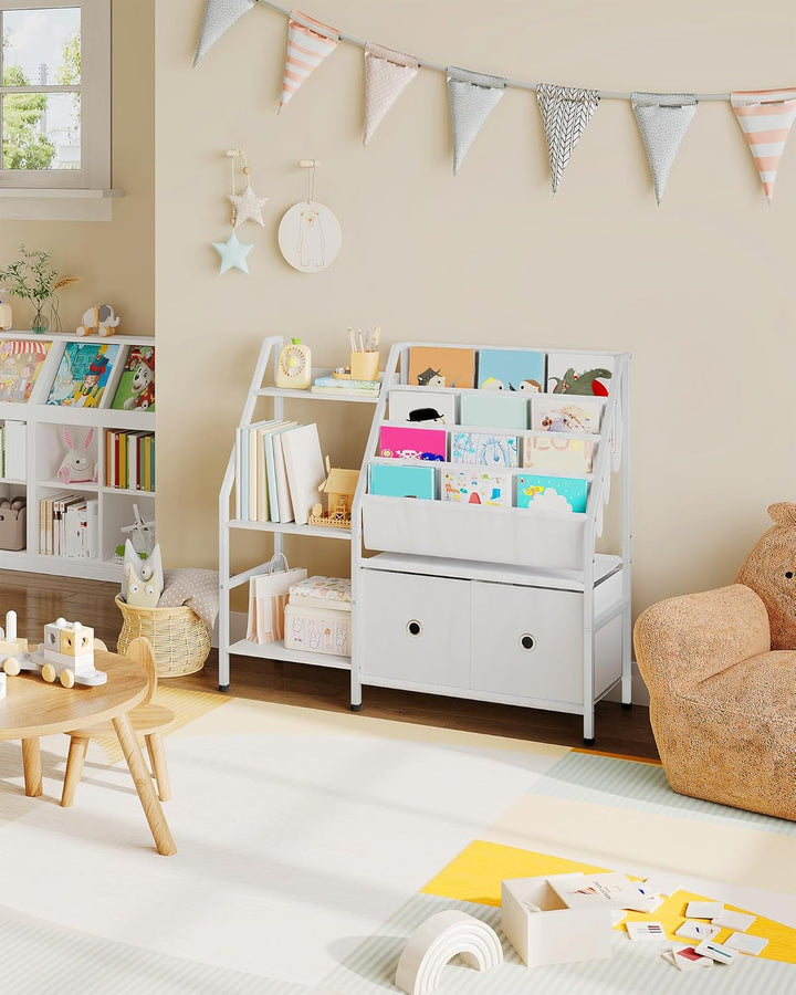 Bücherregal Kinder, Kinderregal, Kinderspielzeug Regal, Spielzeug Aufbewahrung mit 4 Hängetaschen, 3