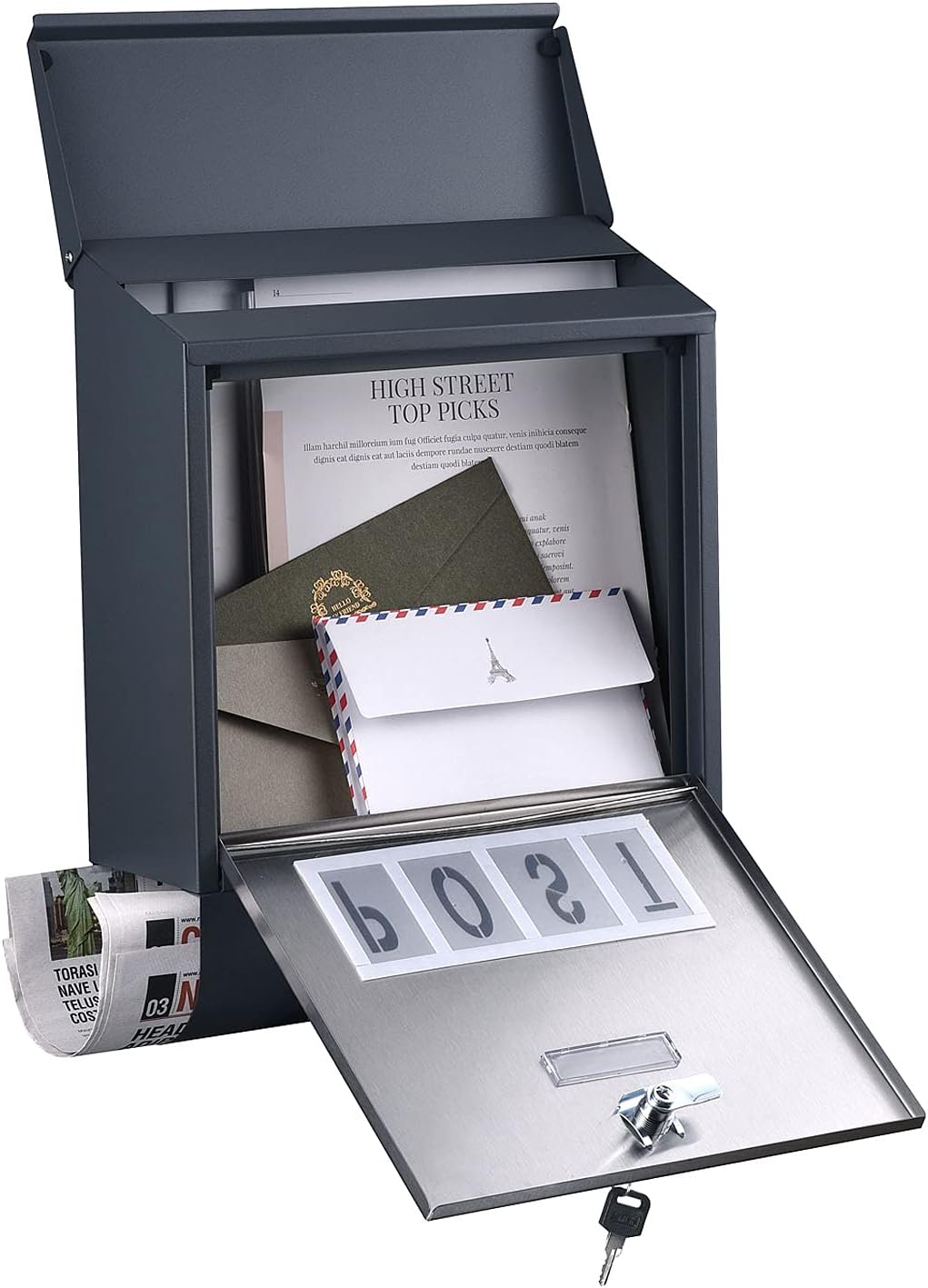 Wiltec Designer Briefkasten V38 Anthrazit und Edelstahl 305 x 105 x 385 mm, Wandbriefkasten mit Schl