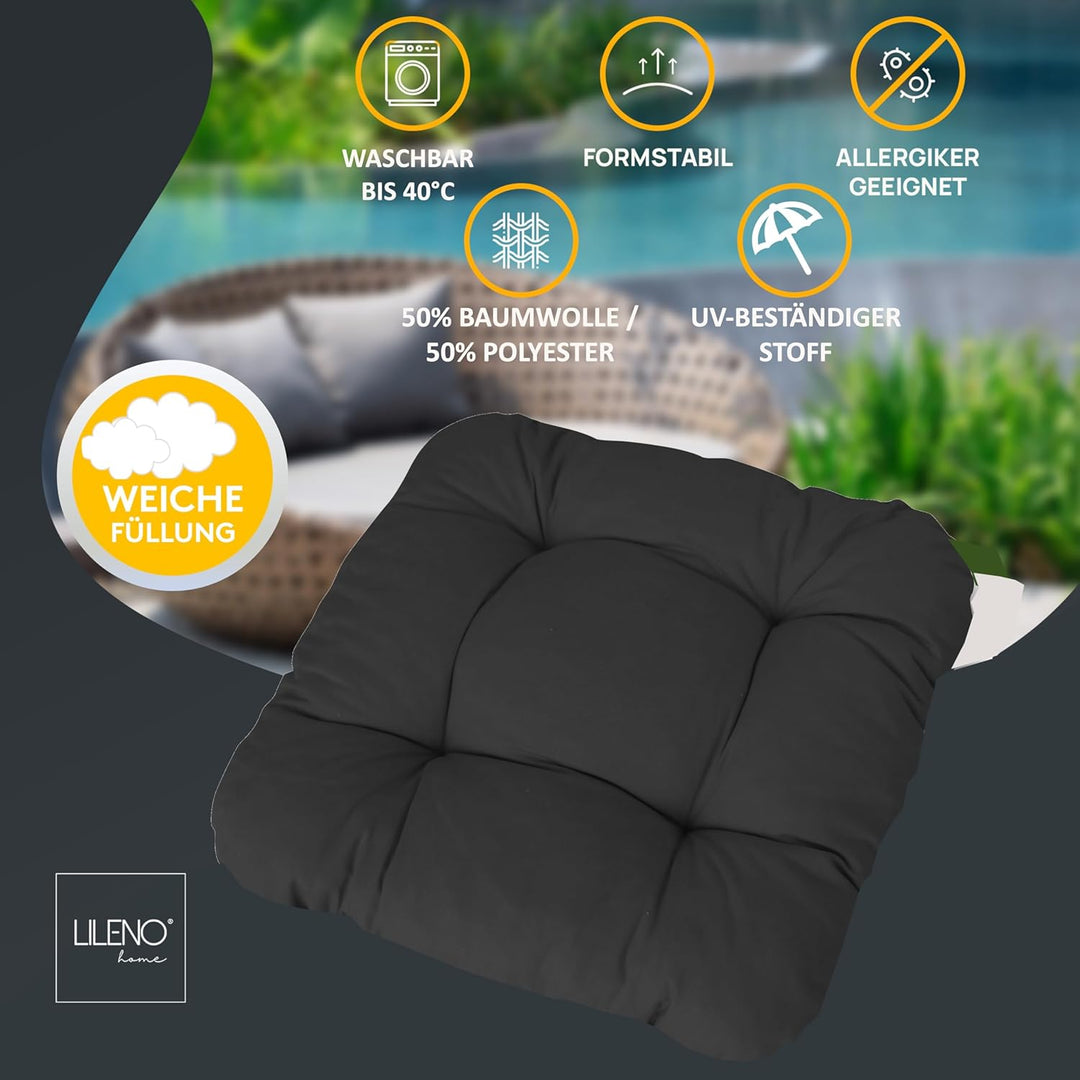 LILENO HOME 2er Set Stuhlkissen Schwarz (38x38x8 cm) - Sitzkissen für Gartenstuhl, Küche oder Esszim