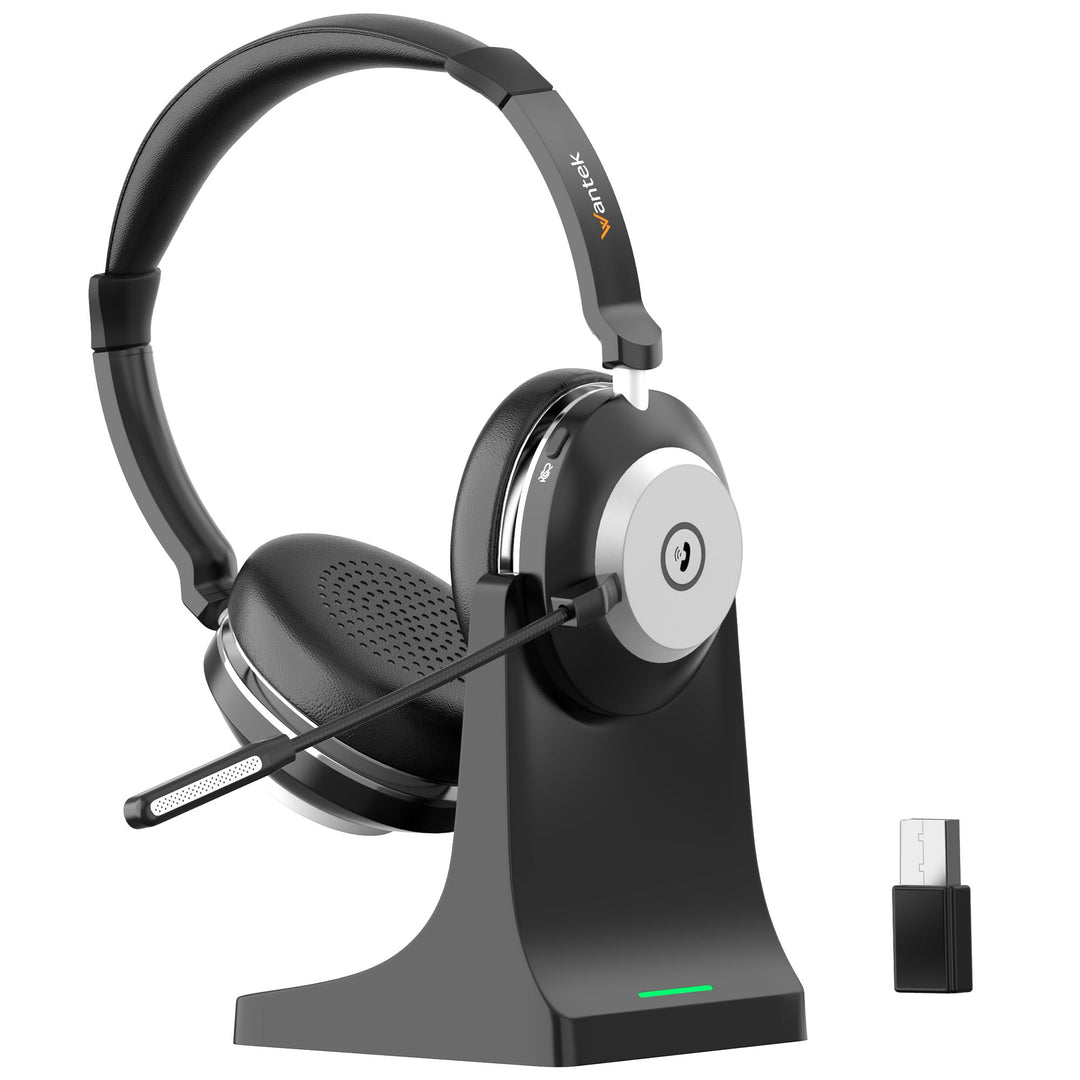 Wantek Kabelloses Headset mit Mikrofon, Bluetooth Headset mit Ladestation, Wireless Kabelloses Headp