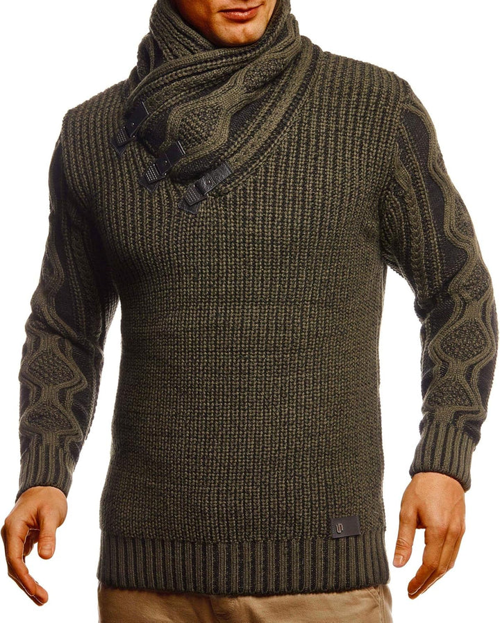 Leif Nelson Herren Strick-Pullover Schalkragen Slim Fit Winter Sommer Moderner Männer schwarzer Pull