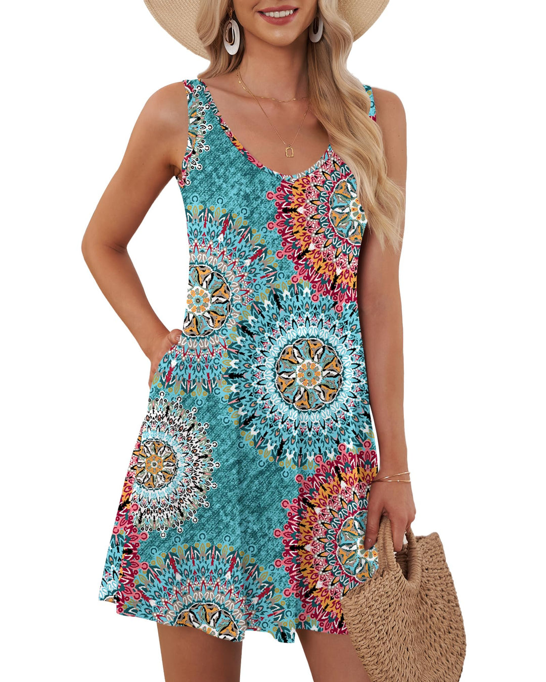 AUSELILY Damen Sommerkleid V-Ausschnitt Strandkleid Ärmellos Swing Kleider mit Taschen S 01 Grün Dru