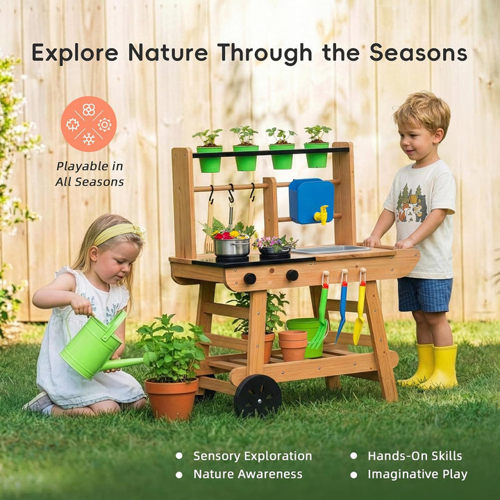 OOOK Matschküche Kinder Outdoor mit Rädern, Outdoorküche Kinder aus Holz, Gartenspielküche Outdoor f