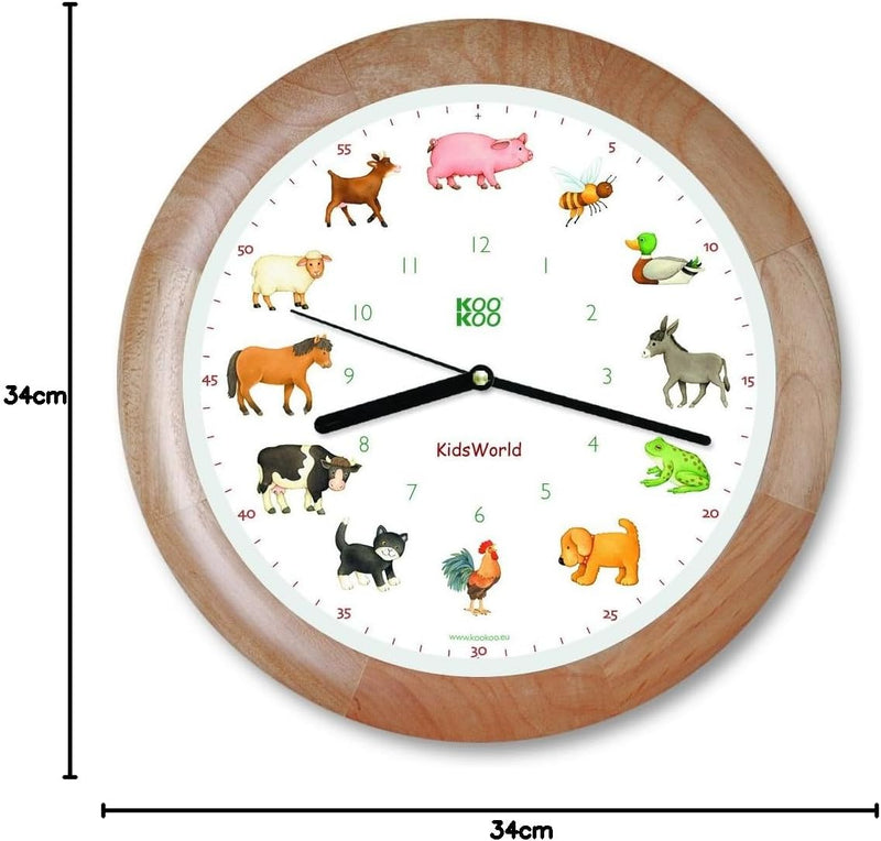 KOOKOO KidsWorld Holz, Bauernhofuhr mit 12 echten Tierstimmen vom Land