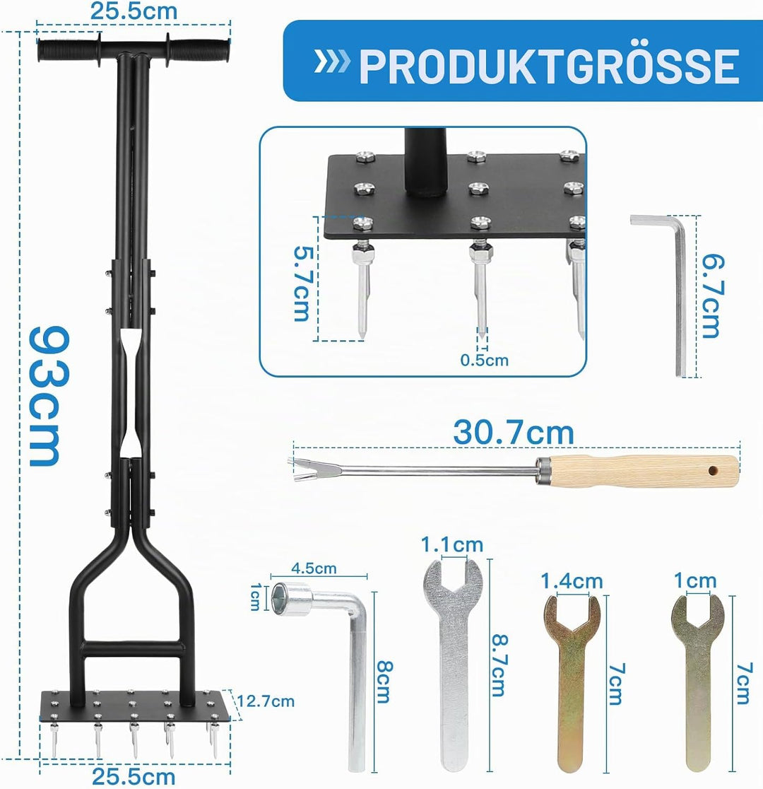 lalago 93cm Rasenlüfter Vertikutierer Manuell, Lawn Aerator mit 15 Massiven Tine und Gartengeräten,