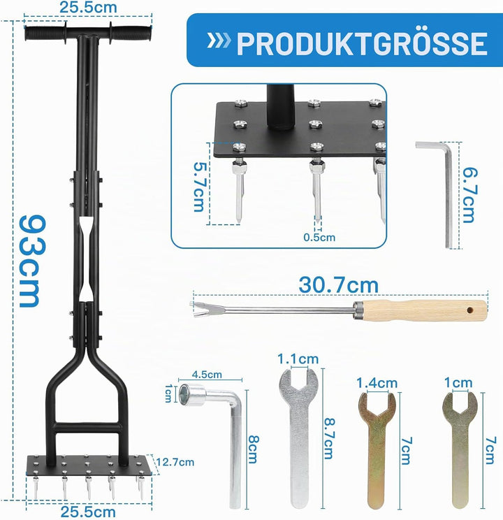 lalago 93cm Rasenlüfter Vertikutierer Manuell, Lawn Aerator mit 15 Massiven Tine und Gartengeräten,