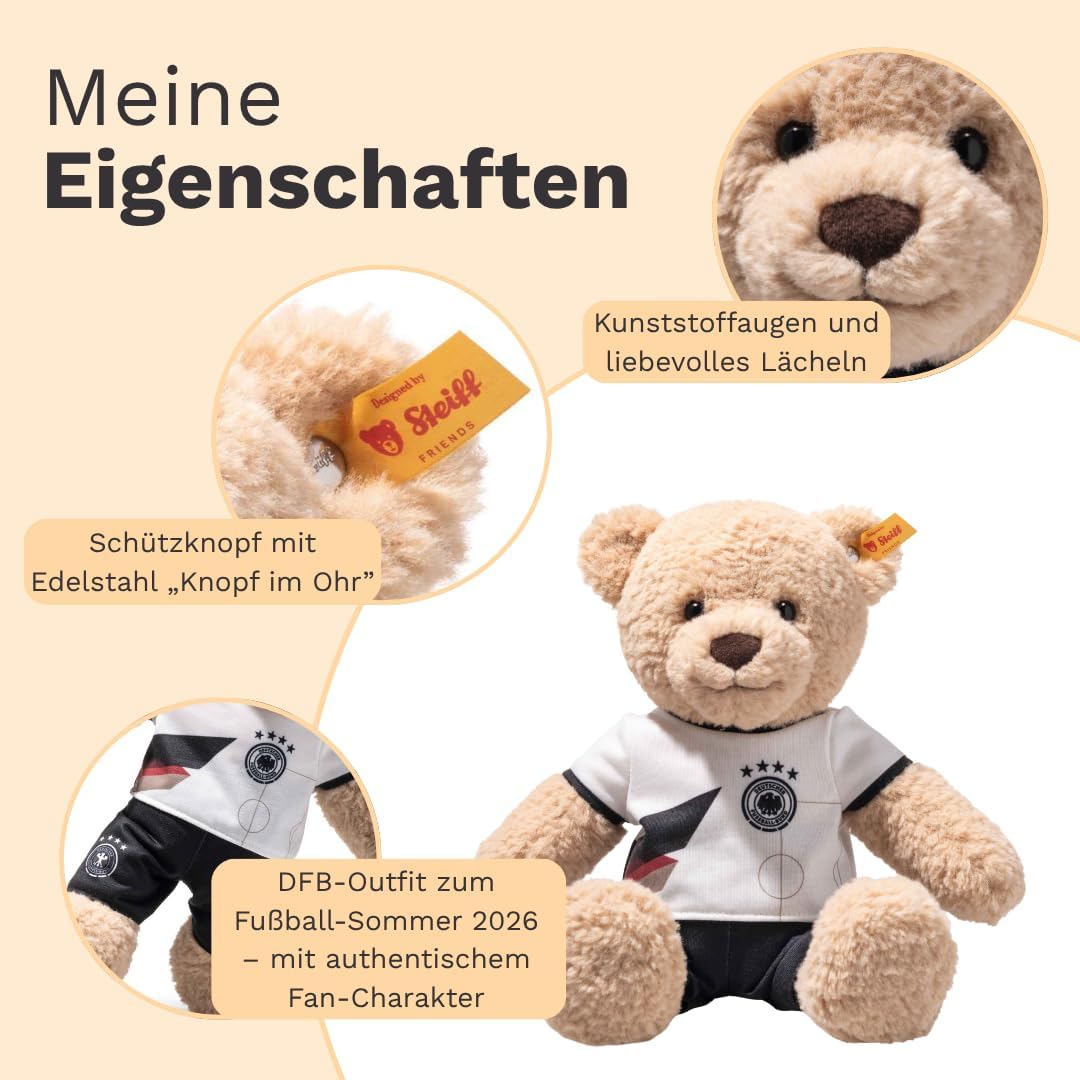 Steiff Kuscheltier Ben Teddybär DFB-Edition, Süsses Fussball Stofftier im Deutschland-Trikot, Kinder