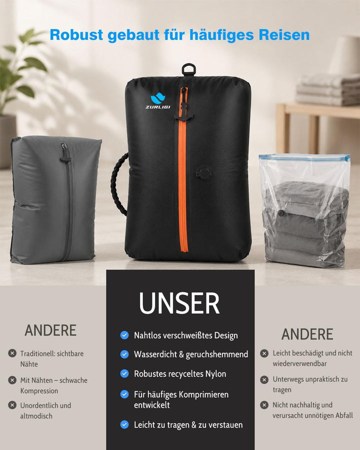 Zurligi 39L Vakuumbeutel-Reiseset mit Pumpe, Nylon, Griff, Schwarz, 2 Stück | Wiederverwendbare, was