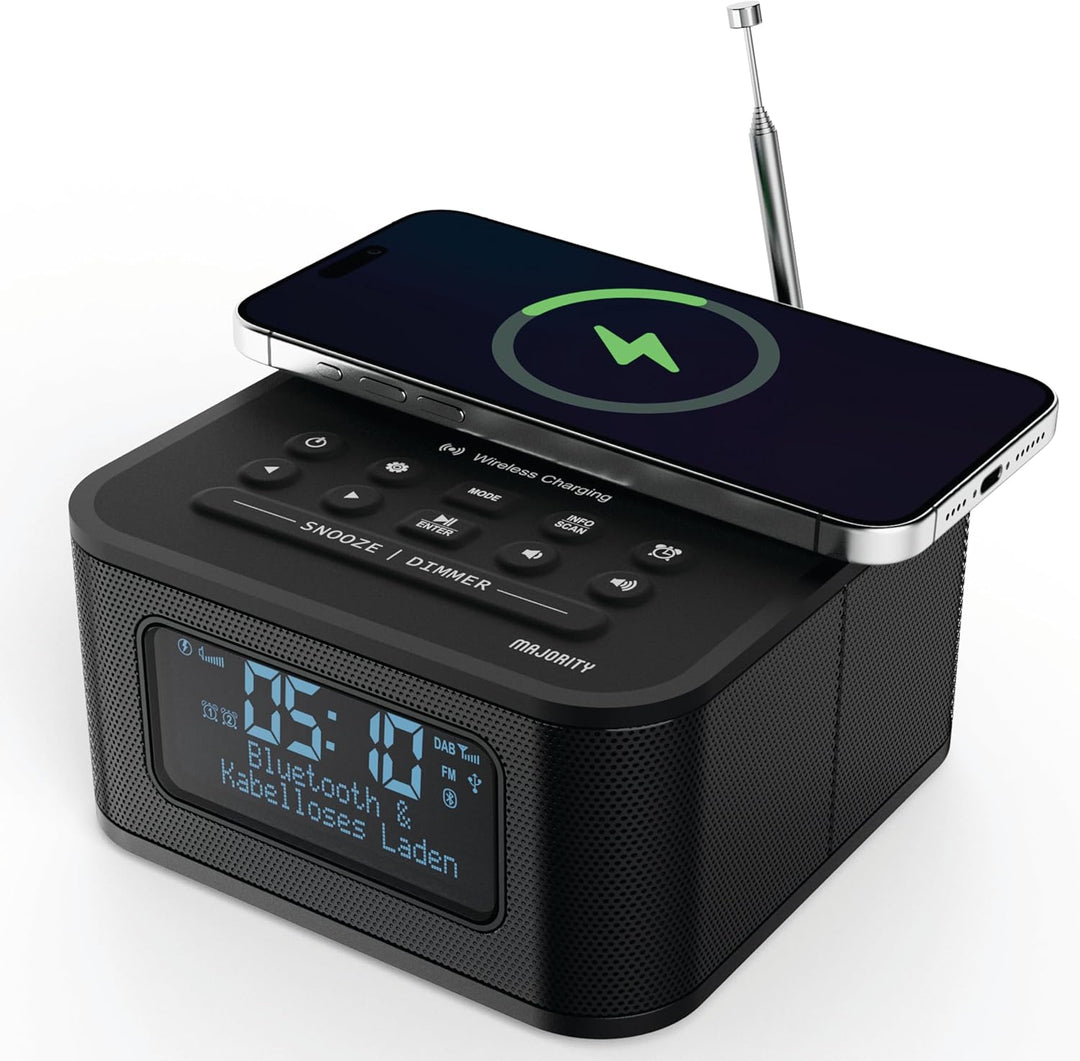 MAJORITY Knapton | Nachttischradio mit Bluetooth | 15W kabelloses Laden & USB-Laden | DAB+ und FM |