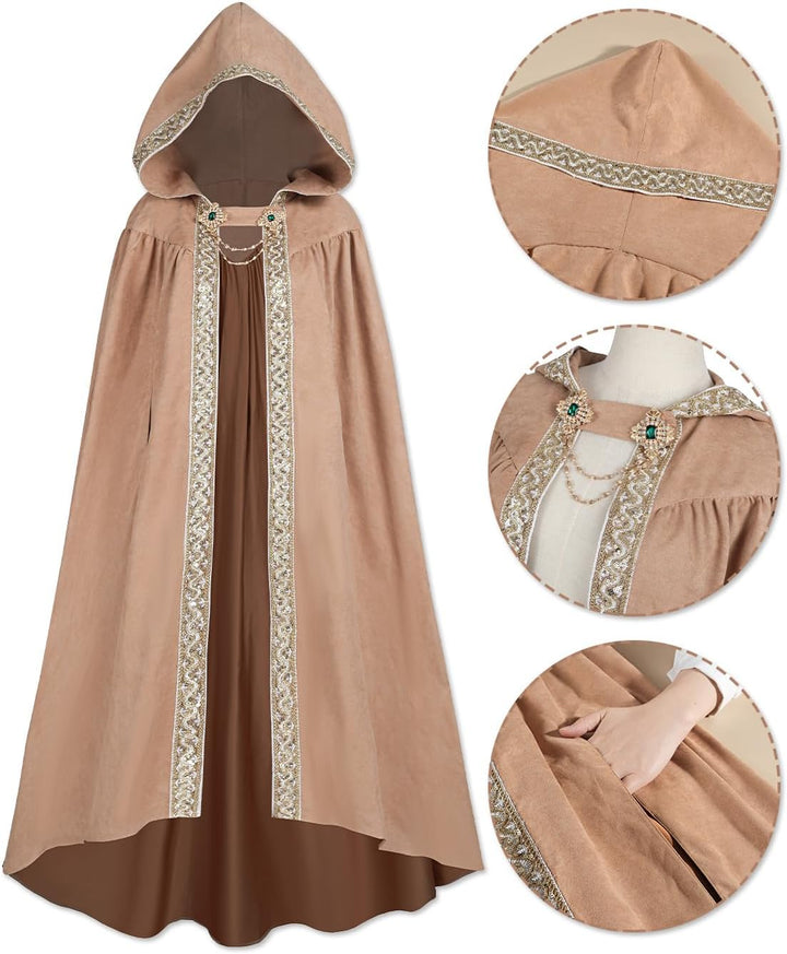Fiamll Mittelalter Umhang Damen Kapuze Mantel mit Manschette Einfarbige Trenchcoat Renaissance Vampi