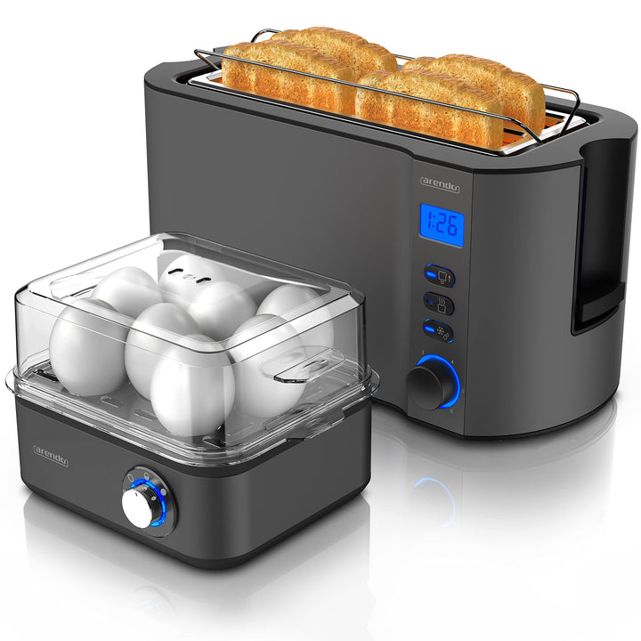 Arendo SET Toaster MANHA mit Eierkocher EIGHTCOOK Edelstahl Cool Grey Toaster 4 Scheiben Display 6 B