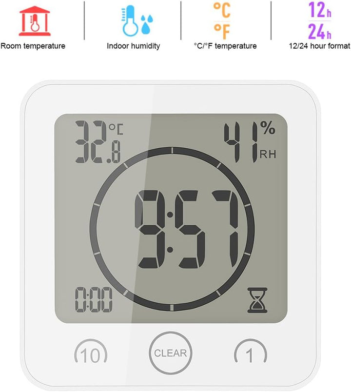 AOZBZ Duschwanduhr, Digitaler Küchentimer mit Alarm, Wasserdicht Touchscreen Timer, Temperatur Luftf