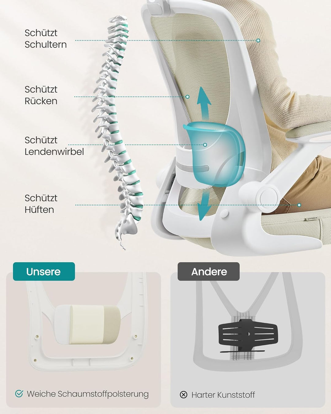 SONGMICS Bürostuhl, Schreibtischstuhl, Drehstuhl mit Netzbespannung, ergonomisch, gepolsterte Lenden