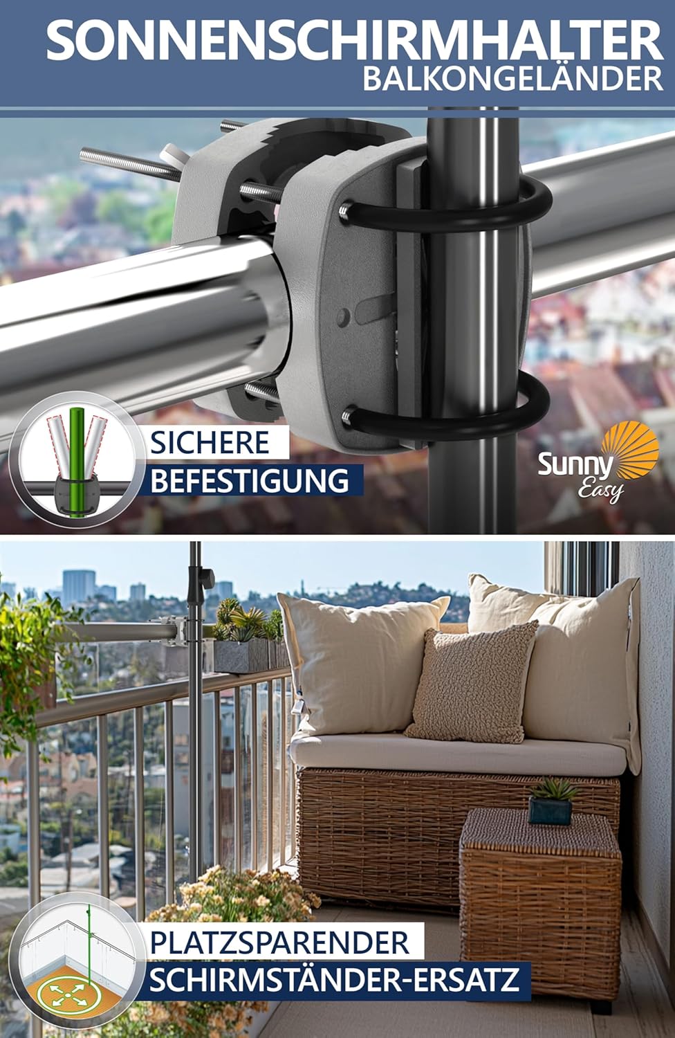4smile Sonnenschirm Balkon 3-in-1 SET, Anthrazit | UPF 50+ Sonnenschirm rechteckig 200 x 125 cm + So