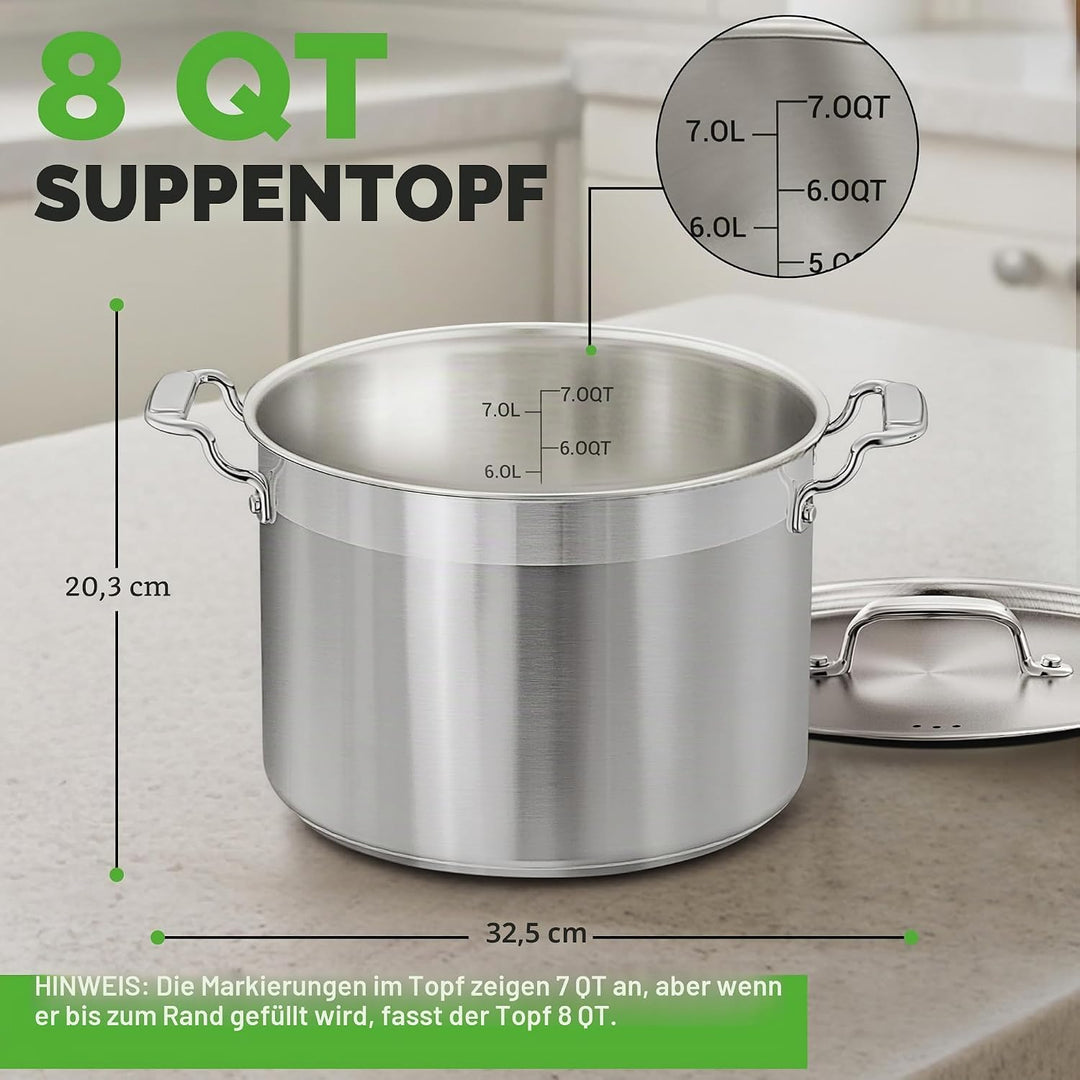 NutriChef 8 Liter Edelstahl-Topf - 18/8 Lebensmittelqualität Schwerer Grosser Suppentopf für Eintöpf