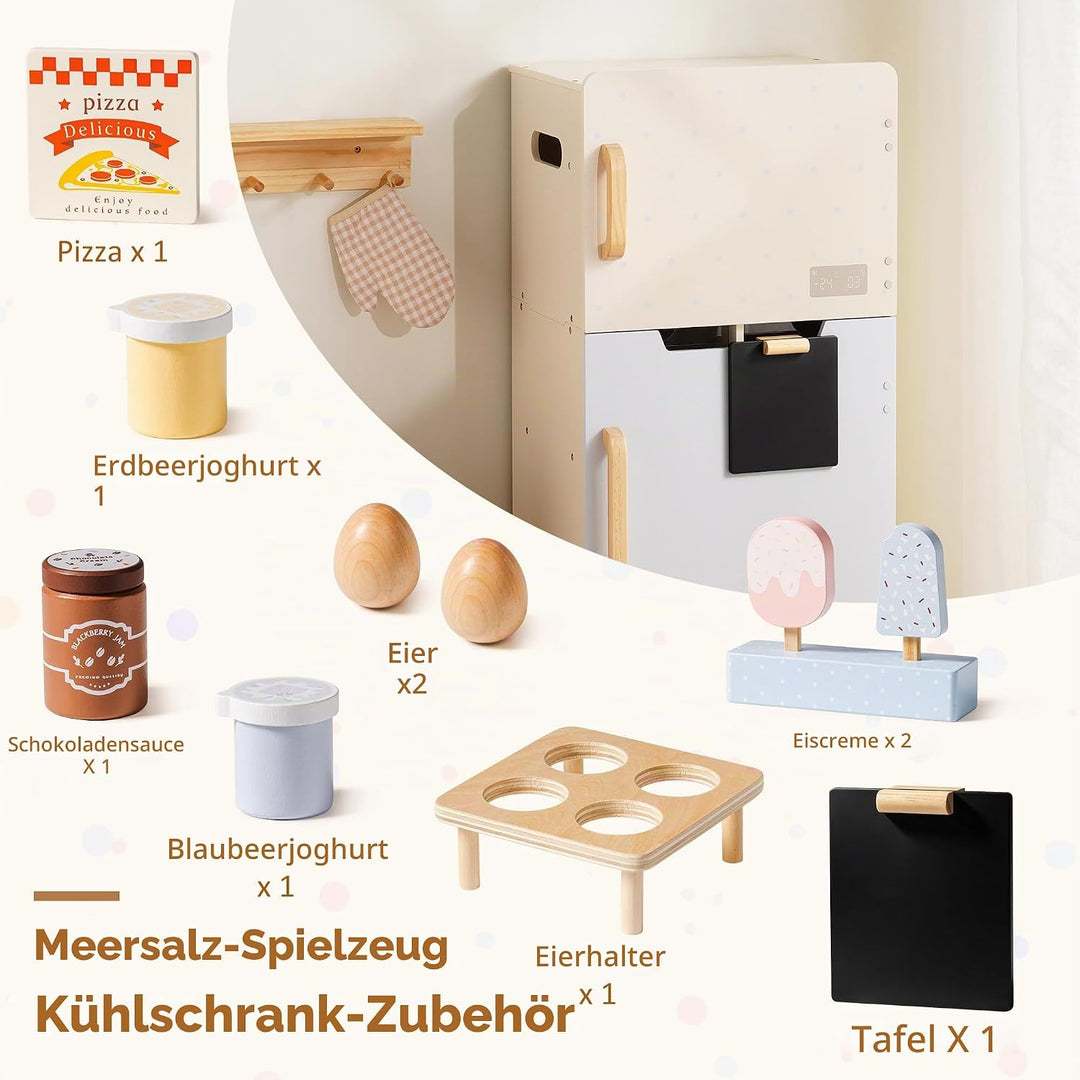 ROBUD Holzspielzeug-Kühlschrank-Set, Rollenspiel-Kühlschrank für Kinder mit Tafel, Gefrierfach, Kühl