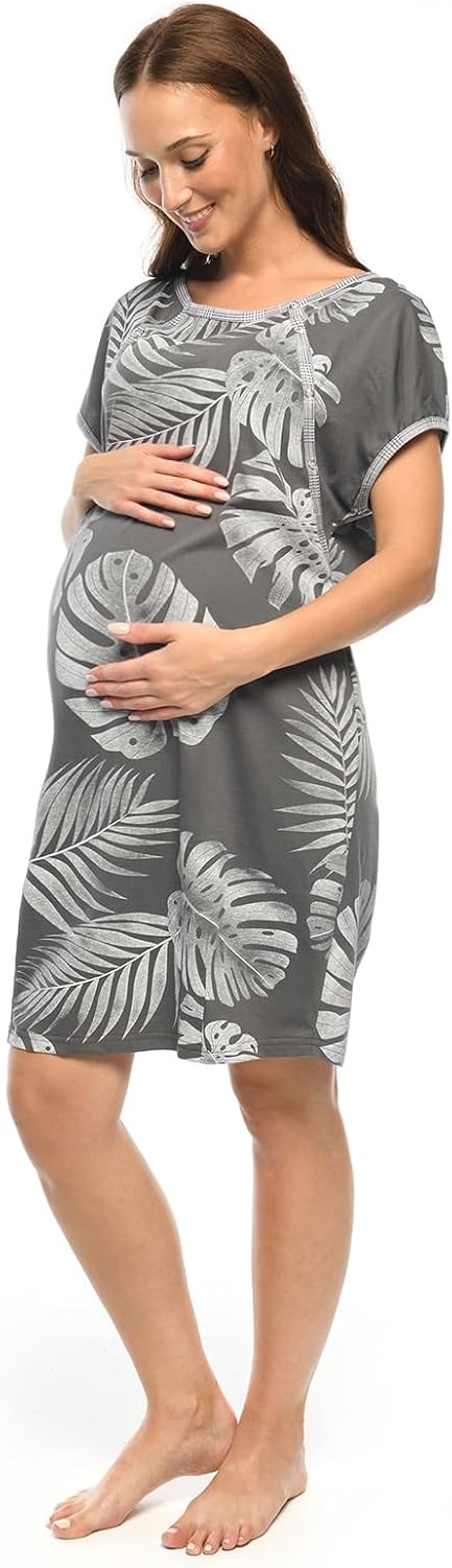 MijaCulture 3 in1 Geburtskleid Stillnachthemd Umstandsnachthemd 4123 Graphite / Palmen S, Graphite /