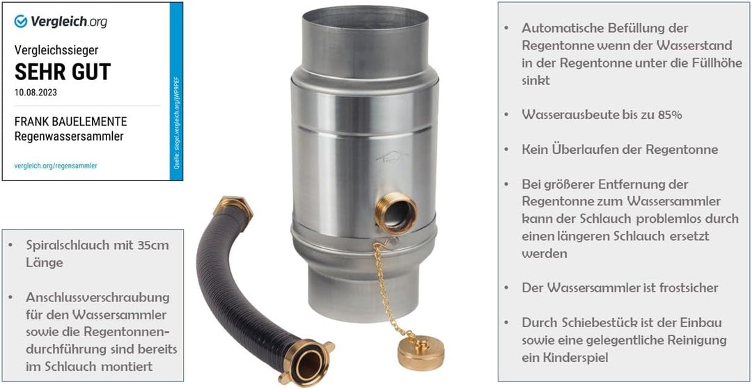 zbs24 Zink Regenwassersammler 80mm Set 1, Wassersammler mit automatischer Füllstop, mit Schlauchverb