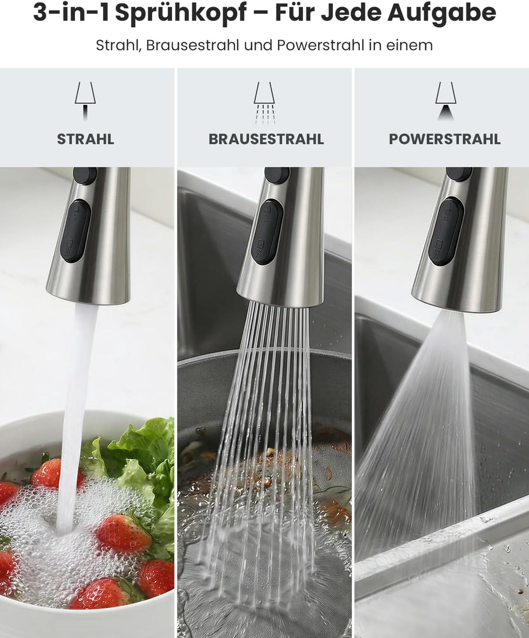 DAYONE Niederdruck Küchenarmatur, Ausziehbarer Wasserhahn mit 3 Strahlarten, Wasserhahn Küche mit 3