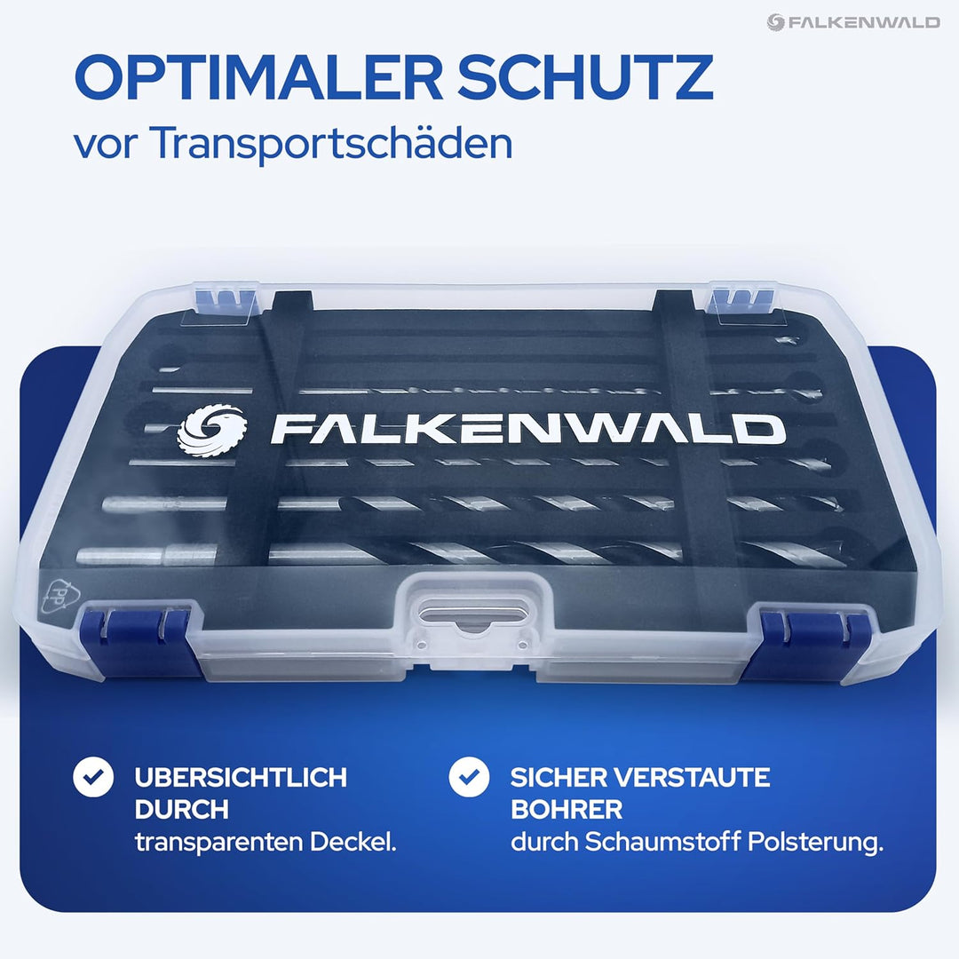 Falkenwald Holzbohrer Set lang 7tlg. + Koffer - Holzbohrer lang für präzise Bohrungen in Weich- und