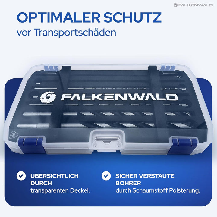 Falkenwald Holzbohrer Set lang 7tlg. + Koffer - Holzbohrer lang für präzise Bohrungen in Weich- und