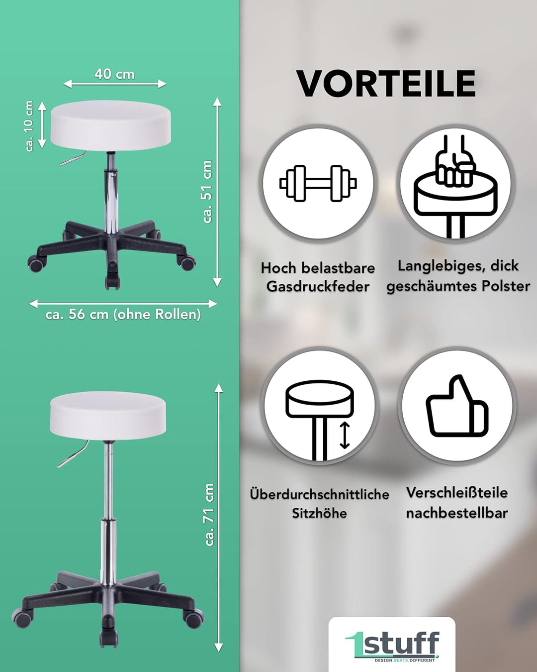 Profi Rollhocker Squash 40, extra breit, Sitzhöhe ca 51-71cm (Grün) | 1stuff-Qualität designed in Ge
