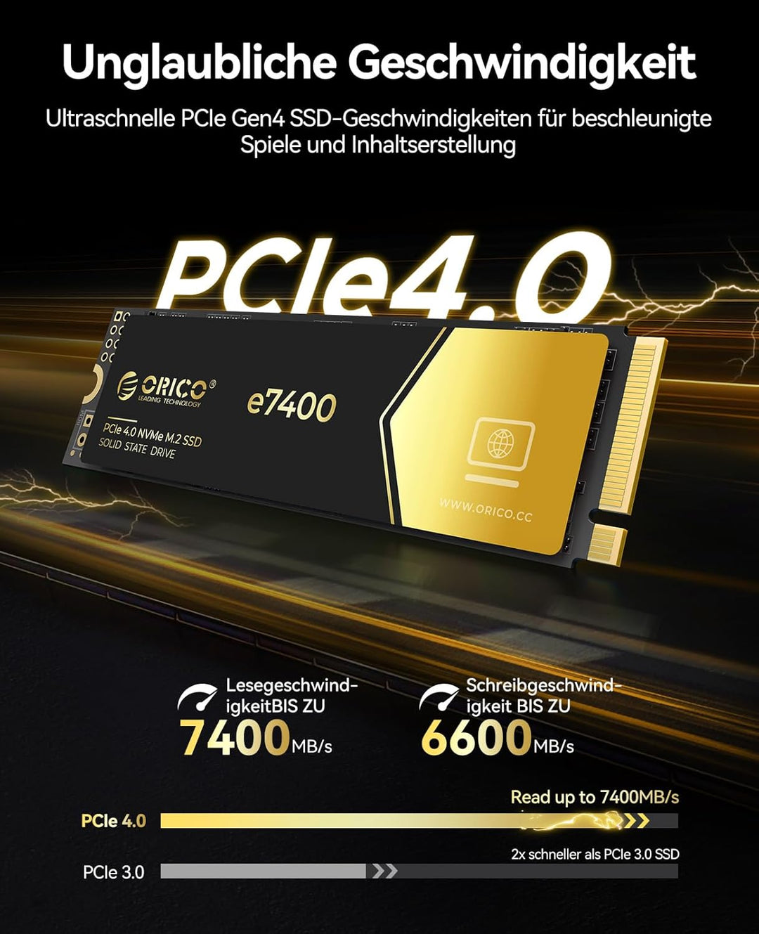 ORICO 2TB NVMe SSD M.2, PCIe 4.0X4 - Bis zu 7400MB/s M2 SSD, 3D NAND Flash M.2 2280 Internes Solid S