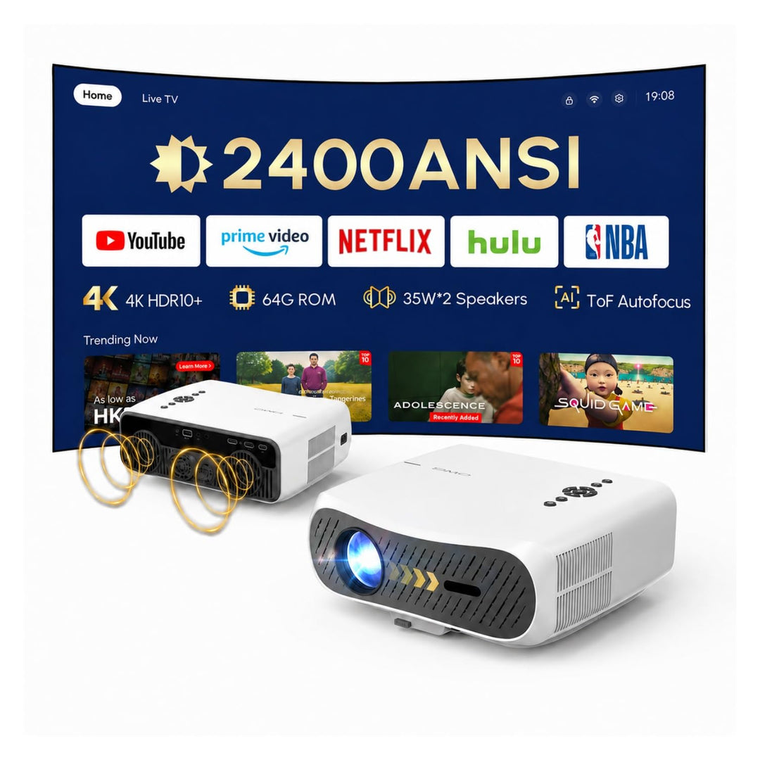 4K UHD Smart Beamer[Netflix] Tageslichttauglich 2400 ANSI mit HDR10+ AI-PQ Bildoptimierung, ToF Auto