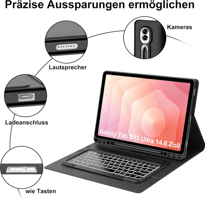 Tastatur für Samsung Galaxy Tab S11 Ultra 14,6 Zoll Beleuchtung, Schwarz | Magnetisch Abnehmbarer Ta