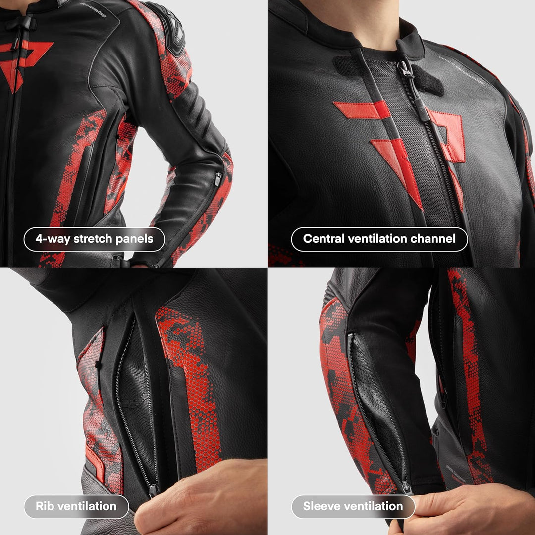 REBELHORN Veloce Motorradjacke Herren | Leder | Ellbogen und Schulterprotektoren Stufe 2 | Schulters