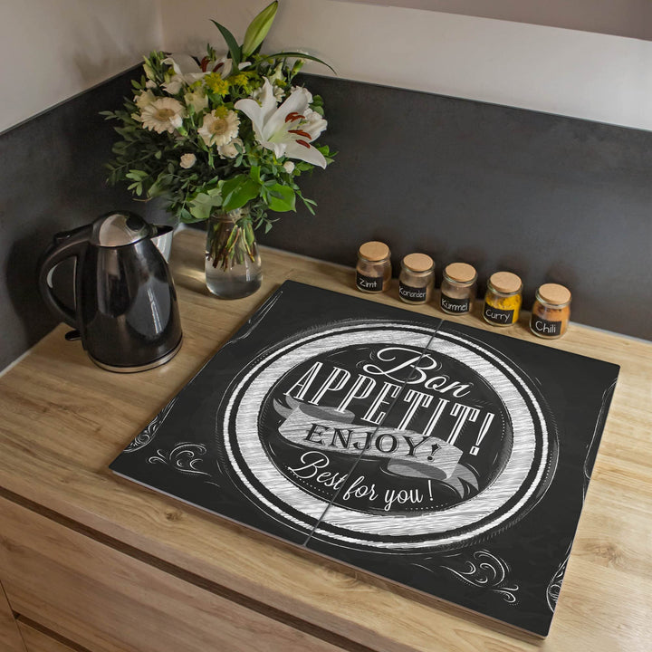 banjado® Herdabdeckplatte Glas 2-teilig je 30x52 cm/Schneidebrett Herdabdeckung mit Motiv Bon Appeti