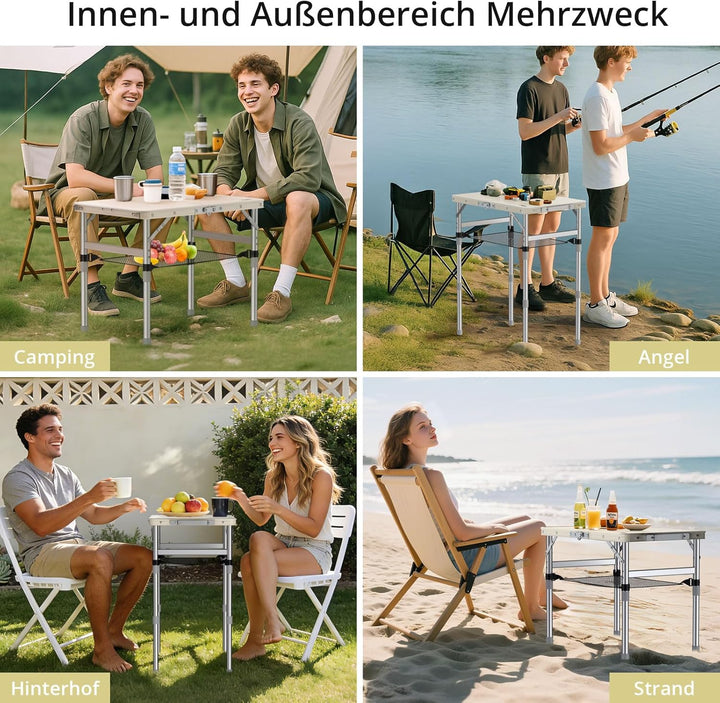 Anbte Campingtisch Klappbar 58x40cm Aluminium-Rahmen & Kunststoff-Tischplatte mit 3 Höhen Verstellba