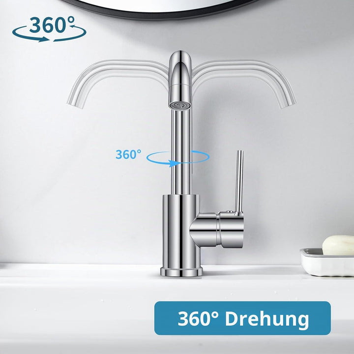 Chrom Wasserhahn Bad 360° Drehbar Edelstahl Waschtischarmatur Armaturen Waschbecken Hoch, Einhebelmi